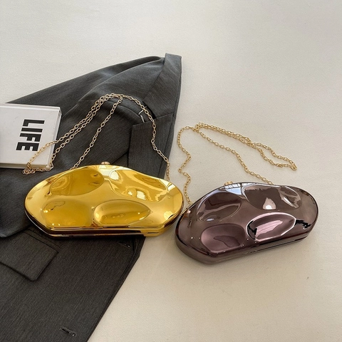 Irregular Liquid Metal Acrylic Evening Bag Mirror Finish Pebble Shape Clutch For Women Party Wedding With Chain Strap
