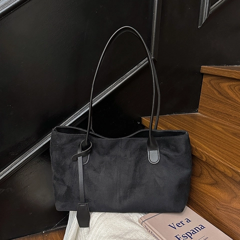 Bolso Tote De Gamuza Retro Gran Capacidad Mujeres Bolso De Hombro Color Sólido Con Correas De Cuero Sintético