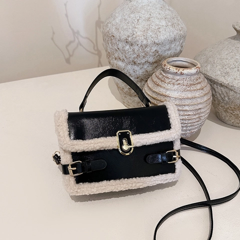 Borsa A Spalla Donna Pelle PU Patchwork Finta Lana Di Agnello Serratura Metallo Borsa A Mano Quadrata Vintage Crossbody
