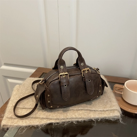 Retro Boston Bag For Women Vintage PU Leather Handbag With Rivets And Belt Buckles Detachable Strap Shoulder Crossbody