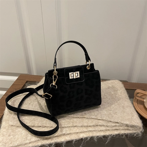 Retro Leopard Print Crossbody Bag For Women Suede Texture Small Square Handbag With Gold Twist Lock Adjustable Strap