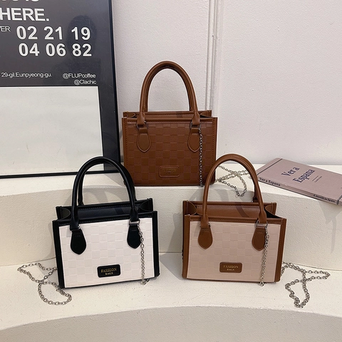 Borsa Tote In Pelle PU Con Motivo A Scacchi E Tracolla A Catena In Metallo Piccola Borsa Quadrata Retrò Per Donna Casual