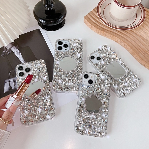 Luxe Telefoonhoesje Met Steentjes En Make-Up Spiegel Glitter Acryl Beschermhoes Voor Dames Glanzend Modeaccessoire Smartphone