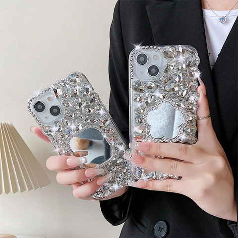 Luxe Telefoonhoesje Met Steentjes En Make-Up Spiegel Glitter Acryl Beschermhoes Voor Dames Glanzend Modeaccessoire Smartphone