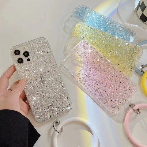 Luxury Glitter Sequin TPU Phone Case With Silicone Wrist Strap Hand Ring Protective Cover Fashion Shiny For iPhone