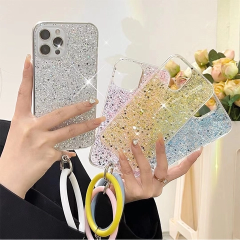Luxury Glitter Sequin TPU Phone Case With Silicone Wrist Strap Hand Ring Protective Cover Fashion Shiny For iPhone