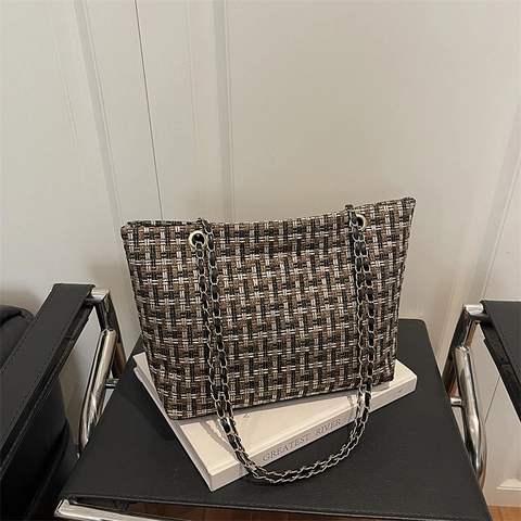 Dames Tweed Geweven Tote Tas Grote Capaciteit Retro Geruite Schoudertas Met Kettingriem