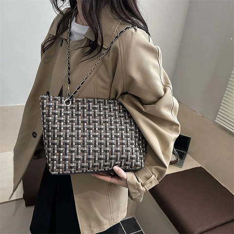 Dames Tweed Geweven Tote Tas Grote Capaciteit Retro Geruite Schoudertas Met Kettingriem