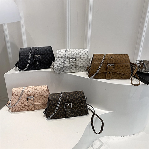 Damen Baguette Tasche Monogramm M Druck Kunstleder Retro Flap Square Schulter Umhängetasche Mit Metallkettenriemen