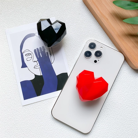Heart Shaped Geometric Phone Grip Stand Expandable Socket For Mobile Device Solid Color Glossy Resin Desktop Holder