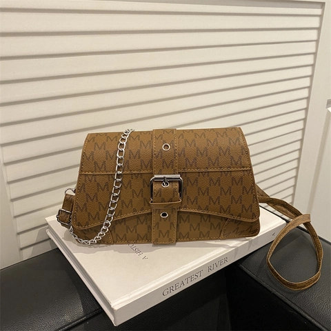 Damen Baguette Tasche Monogramm M Druck Kunstleder Retro Flap Square Schulter Umhängetasche Mit Metallkettenriemen
