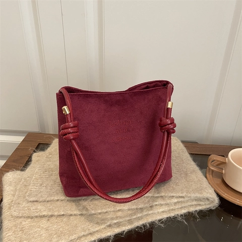 Women Faux Suede Shoulder Bag Vintage Knot Strap Large Capacity Minimalist Solid Color Bucket Tote Bag Daily Handbag