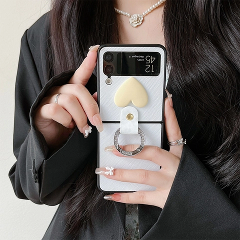 Folding Phone Case With 3D Heart Decoration Rhinestone Ring Stand Cross Grain Texture Hand Strap For Samsung Z Flip Fold