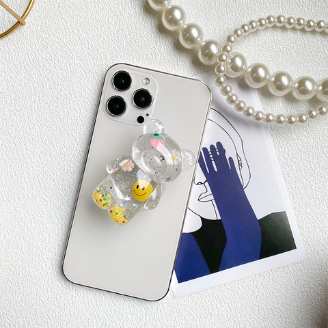 Süßer Bärenförmiger Handy Griptok Transparentes Harz Ausziehbarer Ständer Glitzer Stern Pailletten Kreativ Kawaii Halter