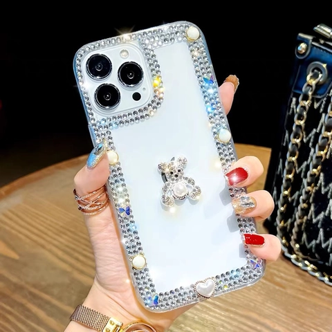 Luxus Transparente Handyhülle Strass Acryl 3D Bär Künstliche Perle Elegant Klar Für iPhone