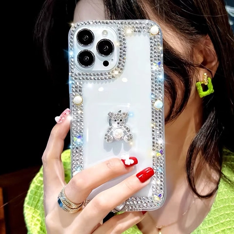 Luxus Transparente Handyhülle Strass Acryl 3D Bär Künstliche Perle Elegant Klar Für iPhone