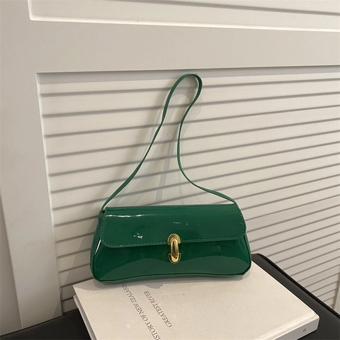 Women Retro Underarm Bag Patent PU Leather French Style Shoulder Handbag With Gold Tone Metal Lock Vintage Trendy