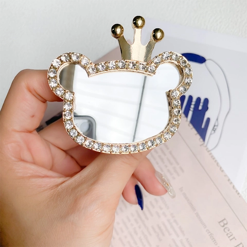 Supporto Per Cellulare Orso Corona Strass Con Specchio Retrattile Pieghevole Lega Accessori Luccicanti