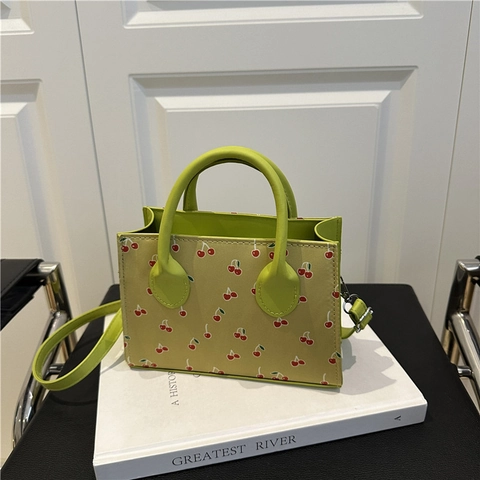 Dames Kersenhout Print Mini Schoudertas Zoete PU Leren Handtas Casual Top Handvat Crossbody Tas Met Verstelbare Riem