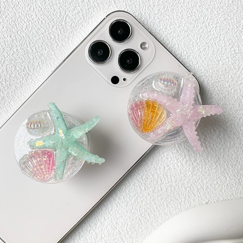 Support De Téléphone Extensible Thème Océan Résine Étoile De Mer Coquillage Paillettes Pliant Socle Universel Accessoire
