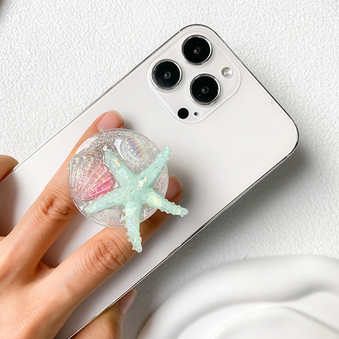 Support De Téléphone Extensible Thème Océan Résine Étoile De Mer Coquillage Paillettes Pliant Socle Universel Accessoire