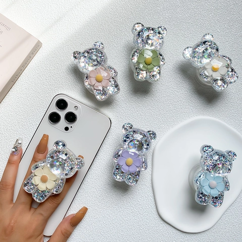 Supporto Per Telefono Orso Carino Glitter Resina Paillettes Fiore Griptok Espandibile Presa Per Smartphone