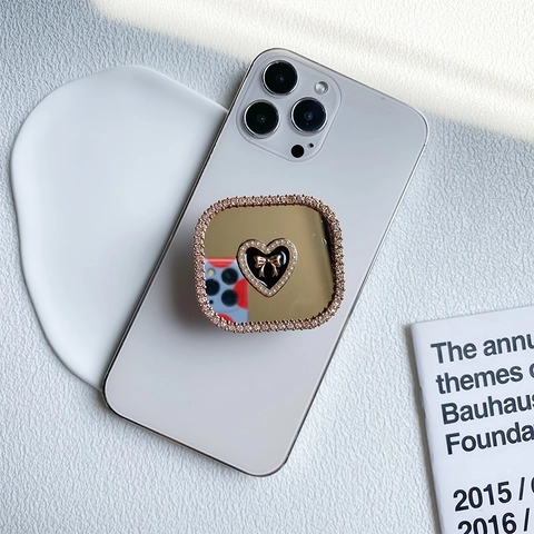 Supporto Telefono Specchio Quadrato Lusso Pieghevole Retrattile Lega Strass Cuore Fiocco Elegante Supporto Smartphone