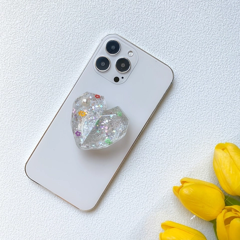 Supporto Telefono Resina Forma Cuore Griptok Pieghevole Impugnatura Cuscino Aria Luccichio Stella Perla Artificial Fiore Decorazione Accessorio Portatile