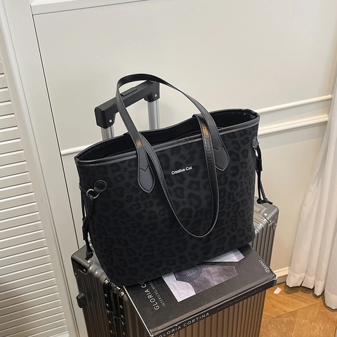 Borsa Tote Leopardata Scamosciata Grande Capacità Borsa A Spalla Lettere Creative Cat Retro Chic Versatile Da Donna