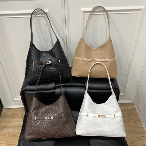 Damen Schultertasche PU Leder Webmuster Große Kapazität Retro Mode Pendler Hobo Handtasche Goldene Schnalle