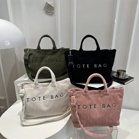 Corduroy Tote Bag Women Large Capacity Crossbody Handbag Letter Embroidery Adjustable Shoulder Strap Casual Travel Style