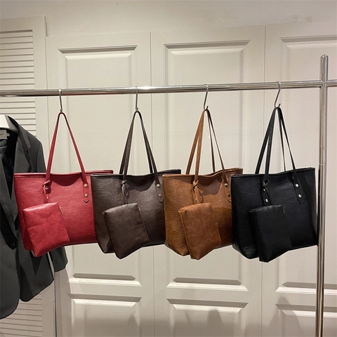 Bolso Tote Grande Para Mujer Y Bolsa A Juego Cuero PU Bolso De Hombro Simple Para Viaje Remaches Metálicos