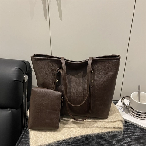 Sac Cabas Femme Grande Capacité Ensemble Mère-Fille Cuir PU Texture Litchi Minimaliste Sac à Épaule Pochette pour École Travail