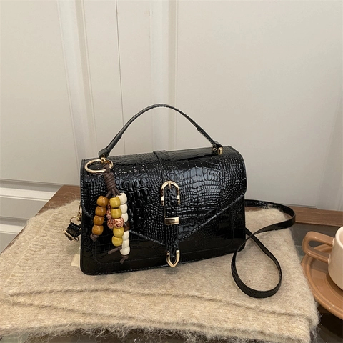 Dames Schoudertas Krokodillenpatroon PU Leer Vierkante Crossbodytas Handtas Commuter Vintage Kralen Hanger Flap Tasje