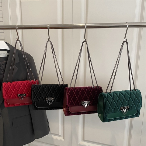 Women Velvet Crossbody Bag Quilted Rhombus Pattern Metal Chain Lock Closure Small Square Shoulder Bag Trendy Fashion