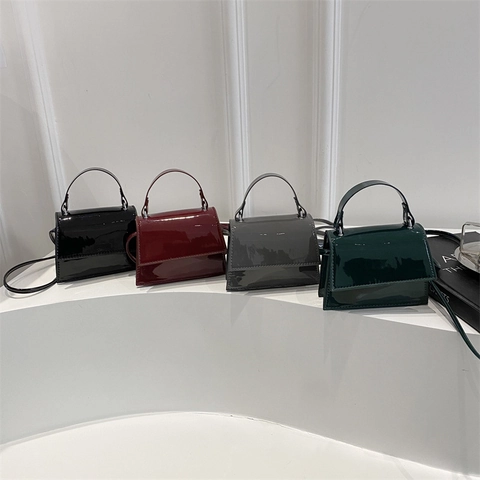 Mini Square Bag Patent Leather Shiny Crossbody Shoulder Handbag For Women Solid Color Small Purse Fashion