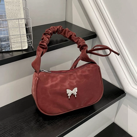 Sac à Épaule Femme Imprimé Léopard en Cuir PU Poignée Froncée Décor Papillon en Métal Sac Sous le Bras Style Français Sac Baguette