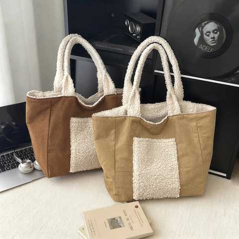 Borsa Tote Patchwork In Velluto A Coste E Sherpa Grande Capacità Retro Finiture In Lana Di Agnello Borsa A Mano Inverno