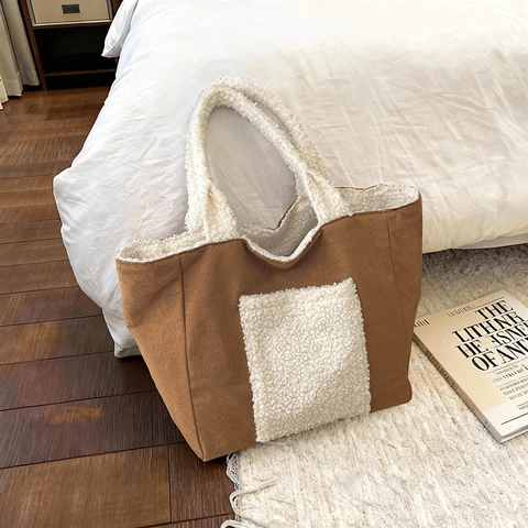 Borsa Tote Grande Capacità Donna Velluto A Coste Sherpa Patchwork Autunno Inverno Retro Casual Peluche Morbido