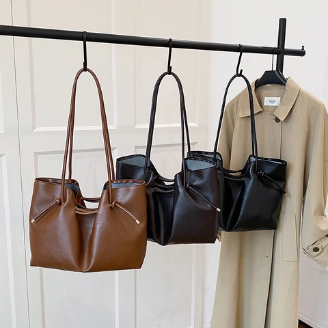Bolso Tote Retro De Cuero PU Mujer Vintage Cordón Bolso De Hombro Mano Gran Capacidad Viaje Moda Color Sólido