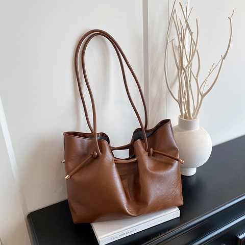 Bolso Tote Retro De Cuero PU Mujer Vintage Cordón Bolso De Hombro Mano Gran Capacidad Viaje Moda Color Sólido