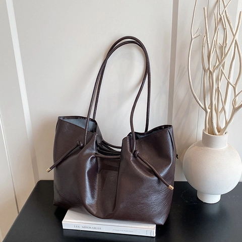 Große Kapazität Tote Bag PU Leder Minimalistische Kordelzug Umhängetasche Retro Pendler Handtasche Für Frauen