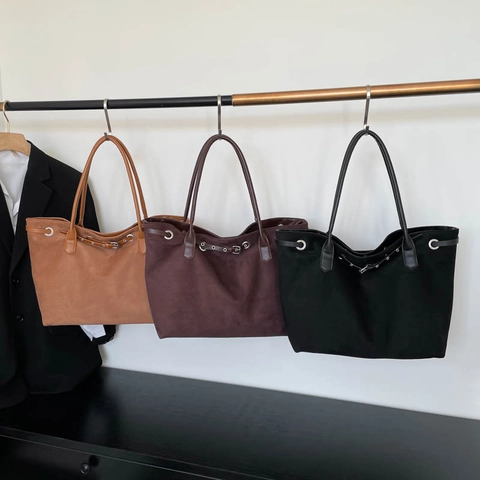 Large Capacity Faux Suede Tote Bag Women Retro Commuter Shoulder Bag Minimalist Solid Color Buckle Decor Office Handbag