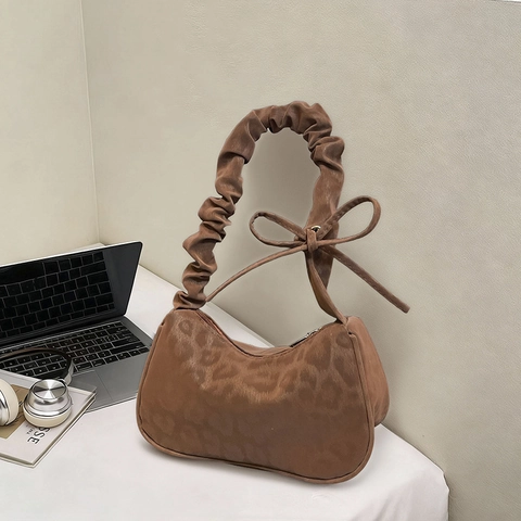 Leopard Print Underarm Bag Velvet PU Crescent Shoulder Bag With Scrunchie Handle And Bow Decor For Women Vintage