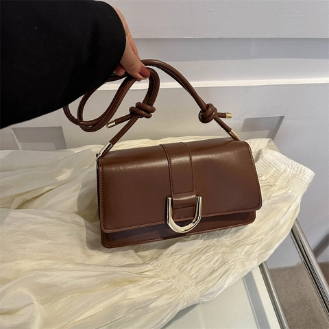Dames Schoudertas PU Leer Retro Minimalistisch Elegant Okseltas Crossbody Tas Met Gouden U-Gesp En Geknoopte Riem