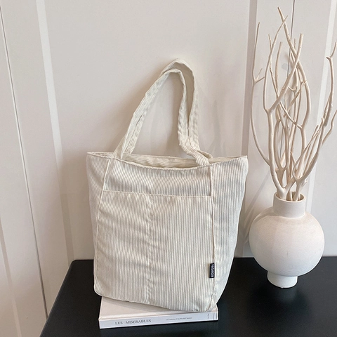 Bolso Tote de Pana para Mujer Gran Capacidad Minimalista Bolso de Hombro Color Sólido Cremallera Bolso para Uso Diario