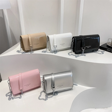 Glossy Patent Leather Crossbody Bag Small Square Shoulder Handbag With Metal Chain Strap Fashion Versatile Women Purse