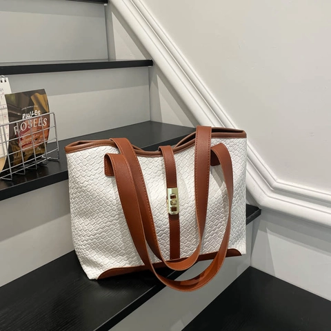 Vintage Woven PU Leather Tote Bag For Women Large Capacity Shoulder Bag With Metal Lock Color Block Commuter Handbag