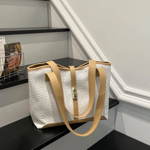 Vintage Woven PU Leather Tote Bag For Women Large Capacity Shoulder Bag With Metal Lock Color Block Commuter Handbag