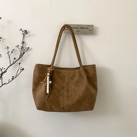 Borsa Tote Grande Capacità Minimalista Retro Donna Borsa Spalla Pelle PU Smerigliata Con Ciondolo Nappa Perline Uso Quotidiano